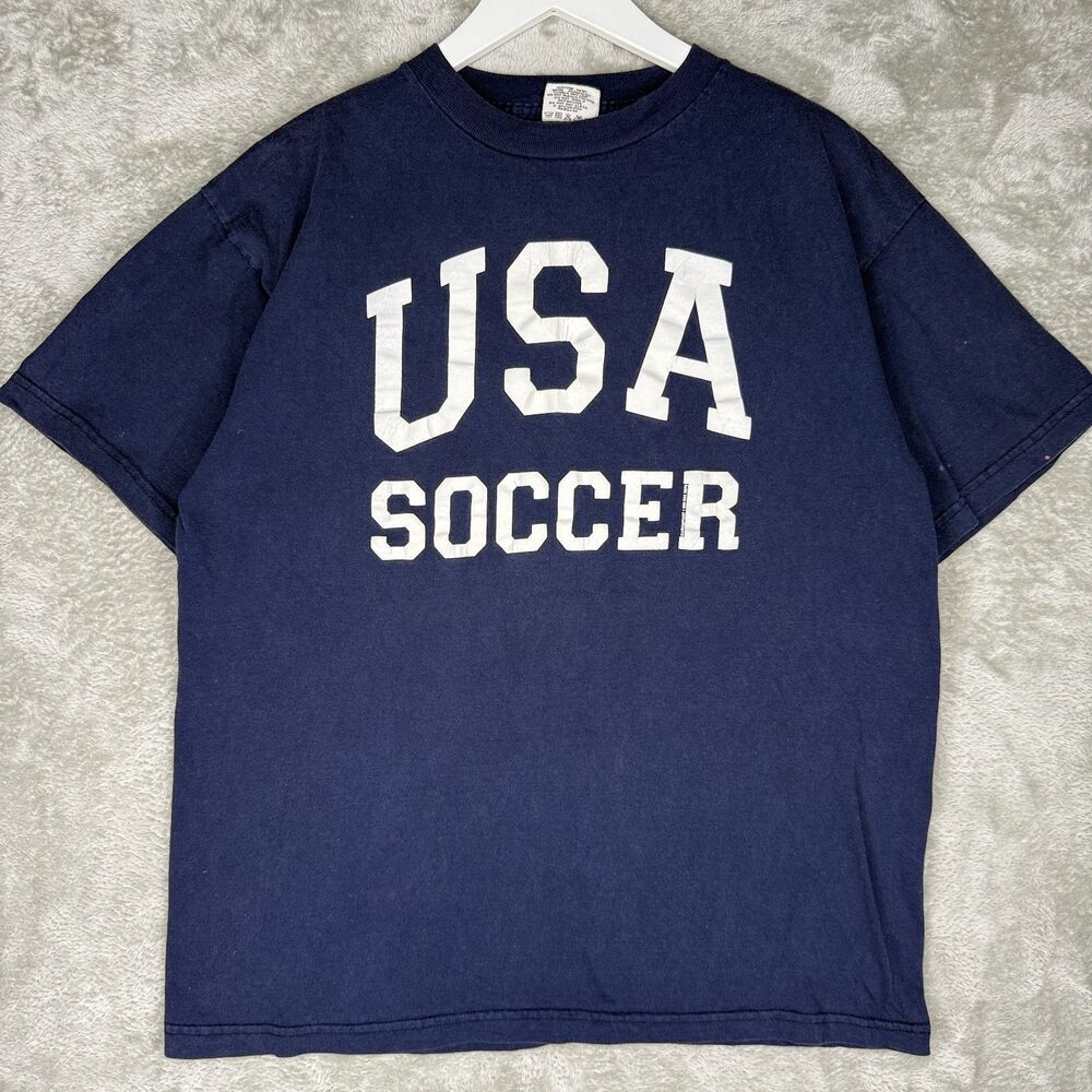 Vtg USA Soccer T-Shirt Mens XL Blue Played In USA Global Basics Football Tee Y2K